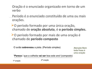 Oração é o enunciado organizado em torno de um
verbo
Período é o enunciado constituído de uma ou mais
orações.
O período formado por uma única oração,
chamado de oração absoluta, é o período simples.
O período formado por mais de uma oração é
chamado de período composto
O avião sobrevoou a pista. (Período simples)
“Parece / que a colheita vai ser boa este ano! (composto)
1ª oração 2ª oração
Atenção:Nem
toda frase é
uma oração
 