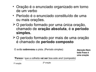 • Oração é o enunciado organizado em torno
de um verbo
• Período é o enunciado constituído de uma
ou mais orações.
 O período formado por uma única oração,
chamado de oração absoluta, é o período
simples.
 O período formado por mais de uma oração
é chamado de período composto
O avião sobrevoou a pista. (Período simples)
“Parece / que a colheita vai ser boa este ano! (composto)
1ª oração 2ª oração
Atenção:Nem
toda frase é
uma oração
 