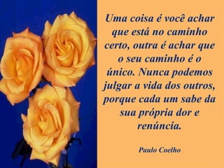 Uma coisa é você achar que está no caminho certo, outra é achar que o seu caminho é o único. Nunca podemos julgar a vida dos outros, porque cada um sabe da sua própria dor e renúncia. Paulo Coelho 