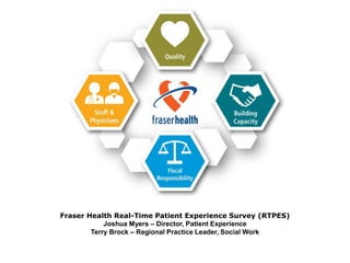 Fraser Health Real-Time Patient Experience Survey (RTPES)
Joshua Myers – Director, Patient Experience
Terry Brock – Regional Practice Leader, Social Work
 