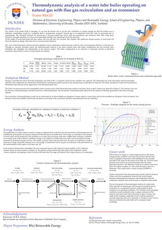 Thermodynamic analysis of a water tube boiler operating on
                                                       natural gas with flue gas recirculation and an economiser
                                                          Fraser McGill
                                                          Division of Electronic Engineering, Physics and Renewable Energy, School of Engineering, Physics, and
                                                          Mathematics, University of Dundee, Dundee DD1 4HN, Scotland
  Introduction
  The climate of the planet Earth is changing. To say that the human race is not the only contributor to climate change but that the human race is
  definitely contributing would be a statement that is unanimously accepted. Natural gas is an important fossil fuel with an increasing rate of
  consumption. The increased demand for natural gas is because natural gas burns with less greenhouse gas emissions than other fossil fuels.
  Therefore, through transitions to a more environmentally friendly fuel, natural gas can be the first step.
  As the supply of fossil fuels peak and then reduce, the cost will only ever increase, this coupled with additional climate taxation of fossil fuels will
  drive the market to change their fuel choice or increase their efficiency.

  The idea of thermodynamic analysis has been applied to many combustion related processes with the aim of increasing the efficiency of the fuel use.
  Through an extensive literature search, the thermodynamic analysis of the above named water tube boiler configuration has not currently been
  published, this highlights the individuality of the honours project. The boiler configuration to be analysed is commonly located at industrial
  operations where steam is used as a heat transfer mechanism.


                                                                                    Table 1
                                                            Averaged natural gas composition for Scotland in 2010 [1]
                                                              Carbon                                                                           Neo-         Iso-          N-
                                      %          Nitrogen                    Methane    Ethane       Propane        Iso-butane n-Butane                                                Hexane
                                                              Dioxide                                                                          Pentane      Pentane       Pentane
                                      Average    0.8756       2.4414         88.1825    6.1176       1.7854         0.1772       0.2925        0.00002      0.0467        0.0478       0.0332

                                      Max        1.1468       3.1870         89.4403    7.1864       2.3847         0.2370       0.4362        0.0001       0.0740        0.0776       0.0525

                                      Min        0.7109       1.8239         86.6052    5.3103       1.2087         0.0857       0.1251        0.0000       0.0106        0.0086       0.0037

                                                                                                                                                                                                                                                                              Figure 1
                                                                                                                                                                                                                                                  Boiler tubes, water containing drums and combustion gas path
  Analytical Method
  During a controlled test where the boiler modulation was held at 95%, a ‘snapshot’ of the process variables was captured. The subsequent use of the data began with Psychrometric
  analysis of the combustion air, followed by Stoichiometric combustion analysis specific to the measured gas composition for that day. The initial calculations created the foundation of
  information that allowed for the application of the thermodynamic laws.

  The boiler was deconstructed into manageable control volumes upon which thermodynamic analysis took place, these control volumes are depicted in Figure 2. The analysis used was
  the first law of thermodynamics and the second law of thermodynamics. The second law of thermodynamics allowed for the analysis of Entropy generation in the form of Exergy
  analysis.

  The second law of thermodynamics result can be represented as an Irreversibility per kilogram of steam output or water input and an Irreversibility per kilogram of fuel consumed. Any
  decrease of the Irreversibility will directly translate to an increase in the second law efficiency and indeed the first law efficiency.

                                                                                                                                                                                                                                                         Figure 3
                                                                                                                                                                                                                                 Pressure – Enthalpy diagram for the steam raising process
                                                                                                                                                                                                1000
                  Example of Exergy calculation for substance k relative to reference condition r                                                                                                                                                                                                           ─── Temperature in °C
                                                                                                                                                                                                                                                                                                             ─── Vapour fraction
                                                                                                                                                                                                                                                                                                             ─── Saturated liquid
                                                                                                                                                                                                                                                                                                            ─── Saturated vapour


                            ������������ =                      ������������ ℎ������ − ℎ������ − ������������ ������������ − ������������                                                                                                             100


                                                ������
                                                                                                                                                                                                                                                                                                            Triple point
                                                                                                                                                                                                                                         32.8                                                               Liquid saturation line
                                                                                                                                                                                                                                 33                                                                         21barg saturated liquid
                                                                                                                                                                                                                                                                                                            Feed Pump
                                                                                                                                                                                                                                          20.55
                                                                                                                                                                                                                                                                                                            Economiser
                                                                                                                                                                                                Pressure - bar(a)




                                                                                                                                                                                                                10                                                                                          Economiser to Boiler
                                                                                                                                                                                                                                                                                                            Boiler

Exergy Analysis                                                                                                                                                                                                                                                                                             Vapour saturation line
                                                                                                                                                                                                                                                                                                            Process
The application of exergy analysis consists of using a combined form of the first law and second law of thermodynamics to                                                                                                                                                                                   D/A Feed pump

establish the performance of a system compared to the theoretical reversible limit. The exergy of a substance is the amount                                                                                         1
                                                                                                                                                                                                                                                                                                            D/A

of work which can be produced by the substance as it comes from an energy state that is higher than a reference condition
to an energy state at the reference conditions. Exergy is not subject to conservation laws and it can be described as being
increased or decreased during a process. The further a process veers from the ideal case, the more of a substance’s exergy is
destroyed. Exergy essentially measures how well energy is transformed and it can give an indication of the performance of
the transformation with respect to the ideal case. [2]                                                                                                                                                     0.1
                                                                                                                                                                                                                        0               500          1000       1500       2000               2500   3000         3500                4000
                                                                                                                                                                                                                                                                           Enthalpy - kJ/kg
In the analysis that has been undertaken, the area of greatest interest with respect to exergy analysis is the combustor
control volume (Control volume 2 in Figure 2). The greatest exergy destruction takes place in the combustor control
volume, therefore, developing a slower reaction with more than one stage will improve the exergy efficiency of combustion.                                                                                                                         Future work
                                                                                                                                                                                                                                                   With reference to Figure 3, a future improvement to the steam
                                                                                                                                                                                                                                                   raising process would be to decrease the pressure that the feed
                                                                                                                                                                                                                                                   water is supplied to the boiler as the additional work currently
                                                                                   Figure 2                                                                                                                                                        provided to the water by the pump serves little use. The feed water
                                                                Control volumes for the thermodynamic analysis                                                                                                                                     pressure need only be at a pressure greater than the steam
                                                                                                                                                                                                                                                   generation pressure. The difference could be as small as 1bar but to
                                                                                                                                                                                                                                                   allow for a factor of safety of 3, this could increase to 3bar of a
                     Air intake                            Combustion                            Boiler heat exchange                   Economiser heat exchange                Flue Gas Recirculation takeoff                                     difference. This would create a yearly saving of 67MWh of
                  mAI + mFGR = mCA                        mCA + mF = mPC                                mPC = mBE                                  mBE = mFG                             mFG - mFGR = mSG                                          electricity.
             mAIhAI + mFGRhFGR = mCAhCA               mCAhCA + mFhF = mPAhPA                     mPChPC = mBEhBE – QBHE                   mBEhBE = mFGhFG – QEHE                    mFGhFG - mFGRhFGR = mSGhSG
                                                                                                  QBHE = QSTM + QHTLS-B                        QEHE = QE + QHTLS-E                                                                                 Further refinement of the thermodynamic model could be achieved
                                                                                                                                                                                                                                                   if there were less assumptions, however this would require
     Air In, AI                      Combustion Air, CA                    Products of Combustion, PC                     Boiler Exhaust, BE                         Flue Gas, FG                                       Stack Gas, SG              intrusive measurements of pressure and temperature with the
                                                                                                                                                                                                                                                   combustion chamber and a shift towards a computer based model.
                        1                                        2                                          3                                         4                                     5
                                                                                                                                                                                                                                                   The novel proposal of thermodynamic analysis of a water tube
                                                                                                                                                                                                                                                   boiler operated on natural gas with flue gas recirculation and an
                                                                                                                                                                                                                                                   economiser is a complicated scenario compounded by daily
                                                                                                                                                                                                                                                   variation in it’s operating conditions. The variables of the operating
                            Flue Gas Recirculation,                  Fuel, F                Steam, STM
                                                                                                                                                             Economiser in,                     Flue Gas Recirculation,                            conditions would constantly create a unique conclusion if the
                                                                                                                     Economiser out, E-OUT                   E-IN                               FGR
                            FGR                                                                                                                                                                                                                    analysis were performed with a timescale of days to weeks. Any
                                                                                                                                                                                                                                                   stable model yielding a replicable result would be required to
                                                                                                                                                                                                                                                   ascertain large data sets over a timescale of months to years. Such a
                                                                                                   Steam generation                              Feedwater preheating                                                                              data set and timescale lends itself well to computer based
                                                                                                  mE-OUT = mSTM - mBLD                               mE-IN = mE-OUT                                                                                modelling.
                                                                                       mSTMhSTM = mE-OUThE-OUT - mBLDhBLD + QSTM           mE-INhE-IN = mE-OUThE-OUT + QEHE




Acknowledgements
Supervisor: Dr R.A. Gibson
Special thanks are extended to Gerry Bannister of Michelin Tyre Company
                                                                                                                                                                                     References
                                                                                                                                                                                     [1] National Grid daily calorific values (2010).
                                                                                                                                                                                     [2] M.A. Rosen, I.Dincer, M.Kanoglu Energy Policy. 36, 128-137 (2008).

Degree Programme: BSci Renewable Energy
 