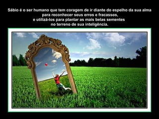 Sábio é o ser humano que tem coragem de ir diante do espelho da sua alma
                    para reconhecer seus erros e fracassos,
              e utilizá-los para plantar as mais belas sementes
                         no terreno de sua inteligência.
 