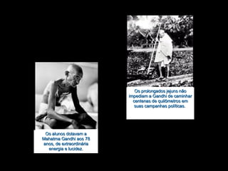 Os alunos dotavam a Mahatma Gandhi aos 78 anos, de extraordinária energia e lucidez. Os prolongados jejuns não impediam a Gandhi de caminhar centenas de quilômetros em suas campanhas políticas.  