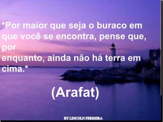*Por maior que seja o buraco em
que você se encontra, pense que,
por
enquanto, ainda não há terra em
cima.*

          (Arafat)
                Ria Slides
 