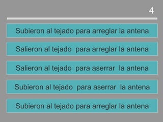 Subieron al tejado para aserrar la antena
Salieron al tejado para aserrar la antena
Salieron al tejado para arreglar la antena
Subieron al tejado para arreglar la antena
4
Subieron al tejado para arreglar la antena
 
