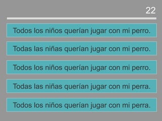 Todas las niñas querían jugar con mi perra.
Todos los niños querían jugar con mi perro.
Todas las niñas querían jugar con mi perro.
Todos los niños querían jugar con mi perro.
22
Todos los niños querían jugar con mi perra.
 