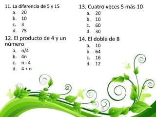 11. La diferencia de 5 y 15
a. 20
b. 10
c. 3
d. 75
12. El producto de 4 y un
número
a. n/4
b. 4n
c. n - 4
d. 4 + n
13. Cuatro veces 5 más 10
a. 20
b. 10
c. 60
d. 30
14. El doble de 8
a. 10
b. 64
c. 16
d. 12
 