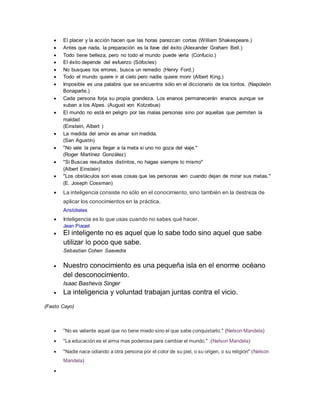  El placer y la acción hacen que las horas parezcan cortas (William Shakespeare.)
 Antes que nada, la preparación es la llave del éxito (Alexander Graham Bell.)
 Todo tiene belleza, pero no todo el mundo puede verla (Confucio.)
 El éxito depende del esfuerzo (Sófocles)
 No busques los errores, busca un remedio (Henry Ford.)
 Todo el mundo quiere ir al cielo pero nadie quiere morir (Albert King.)
 Imposible es una palabra que se encuentra sólo en el diccionario de los tontos. (Napoleón
Bonaparte.)
 Cada persona forja su propia grandeza. Los enanos permanecerán enanos aunque se
suban a los Alpes. (August von Kotzebue)
 El mundo no está en peligro por las malas personas sino por aquellas que permiten la
maldad
(Einstein, Albert )
 La medida del amor es amar sin medida.
(San Agustín)
 "No vale la pena llegar a la meta si uno no goza del viaje."
(Roger Martínez González)
 "Si Buscas resultados distintos, no hagas siempre lo mismo"
(Albert Einstein)
 "Los obstáculos son esas cosas que las personas ven cuando dejan de mirar sus metas."
(E. Joseph Cossman)
 La inteligencia consiste no sólo en el conocimiento, sino también en la destreza de
aplicar los conocimientos en la práctica.
Aristóteles
 Inteligencia es lo que usas cuando no sabes qué hacer.
Jean Piaget
 El inteligente no es aquel que lo sabe todo sino aquel que sabe
utilizar lo poco que sabe.
Sebastian Cohen Saavedra
 Nuestro conocimiento es una pequeña isla en el enorme océano
del desconocimiento.
Isaac Bashevis Singer
 La inteligencia y voluntad trabajan juntas contra el vicio.
(Fasto Cayo)
 "No es valiente aquel que no tiene miedo sino el que sabe conquistarlo." (Nelson Mandela)
 "La educación es el arma mas poderosa para cambiar el mundo." .(Nelson Mandela)
 "Nadie nace odiando a otra persona por el color de su piel, o su origen, o su religión" (Nelson
Mandela)

 