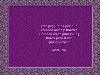 ¿MMee pprreegguunnttaass ppoorr qquuéé 
ccoommpprroo aarrrroozz yy fflloorreess?? 
CCoommpprroo aarrrroozz ppaarraa vviivviirr yy 
fflloorreess ppaarraa tteenneerr 
ppoorr qquuéé vviivviirr.. 
CCoonnffuucciioo 
 