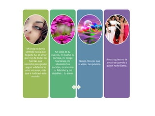 Mi vida no tenia
sentido hasta que
llegaste tu, el amor
que me da todas las
fuerzas que
necesito para poder
seguir adelante te
amo mi amor, más
que a nada en este
mundo.
Mi cielo es tu
cuerpo, mi sueño tu
sonrisa, mi droga
tus besos, mi
obsesión tus
caricias, mi camino
tu felicidad y mi
objetivo... tu amor.
Novio. No vio, que
si viera, no quisiera.
Ama a quien no te
ama y responde a
quien no te llama.
 