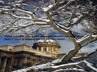 Tienes que juntar poco a poco pequeños esfuerzos que nadie parece apreciar antes de alcanzar algo que sea muy valioso. 