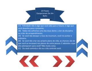 23 Frases
Excepcionais De Jim
Rohn
17) Felicidade não é algo que você adia para o futuro; é algo que
você desenha para o presente;
18) Todos nós sofremos uma das duas dores: a dor da disciplina
ou a dor do arrependimento;
19) Se você não desejar o risco do incomum, você irá aceitar o
ordinário;
20) Se você não criar seu próprio plano de vida, as chances são de
que você se encaixará nos planos de outra pessoa. E adivinhe o que
eles planejaram para você? Não muita coisa;
21) Ou você controla o dia ou o dia controla você;
 