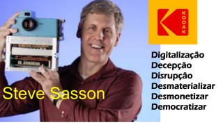 Steve Sasson
Digitalização
Decepção
Disrupção
Desmaterializar
Desmonetizar
Democratizar
 