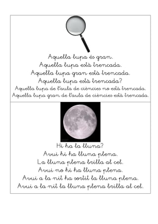 Aquella lupa és gran.
Aquella lupa està trencada.
Aquella lupa gran està trencada.
Aquella lupa està trencada?
Aquella lupa de l’aula de ciències no està trencada.
Aquella lupa gran de l’aula de ciències està trencada.
Hi ha la lluna?
Avui hi ha lluna plena.
La lluna plena brilla al cel.
Avui no hi ha lluna plena.
Avui a la nit ha sortit la lluna plena.
Avui a la nit la lluna plena brilla al cel.
 