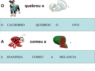 O  CACHORRO  QUEBROU  O  OVO O  quebrou o  . A  comeu a  . A  JOANINHA  COMEU  A  MELANCIA 