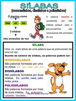 O menino come.
Uma ou mais letras de uma palavra que se pronunciam de
uma só vez.
SÍLABA
A palavra menino é
constituída por três
sílabas porque para a
pronunciarmos são
necessárias três emissões
de voz.
Quanto ao número de sílabas, as palavras podem ser :
MONOSSÍLABOS
São palavras formadas por uma
só sílaba. Ex.: pai, mãe, cão, boi…
DISSÍLABOS
São palavras formadas por duas
sílabas. Ex.: portão, casa, pato,
mota, praia…
POLISSÍLABOS
São palavras formadas por mais
de duas sílabas. Ex.: autocarro,
casarão, bicicleta…
me ni no- -
3 sílabas
três emissões de voz
Silmara Robles Escorsin
 