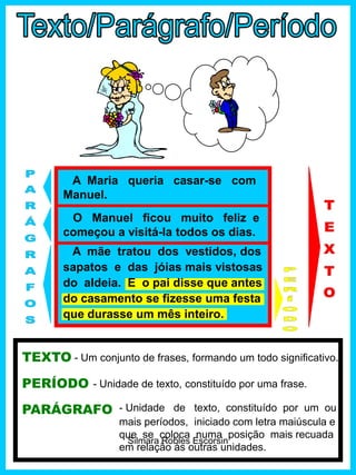 TEXTO - Um conjunto de frases, formando um todo significativo.
PERÍODO - Unidade de texto, constituído por uma frase.
PARÁGRAFO - Unidade de texto, constituído por um ou
mais períodos, iniciado com letra maiúscula e
que se coloca numa posição mais recuada
em relação às outras unidades.
A Maria queria casar-se com
Manuel.
O Manuel ficou muito feliz e
começou a visitá-la todos os dias.
A mãe tratou dos vestidos, dos
sapatos e das jóias mais vistosas
do aldeia. E o pai disse que antes
do casamento se fizesse uma festa
que durasse um mês inteiro.
Silmara Robles Escorsin
 