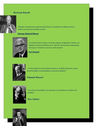 Bertrand Russell




    “Aquellos corazones que anteriormente latían con osadía por la alabanza, ahora
    sienten que hasta han perdido el pulso”.

    George Edward Moore



                   “La transición de los datos a la teoría requiere imaginación creativa. Las
                   hipótesis y teorías científicas no se “derivan” de los hechos observados,
                   sino que se “inventan” para dar cuenta de ellos”.

                   Carl Hempel




                “La ciencia genuina, hasta donde alcanza su verdadera doctrina, carece
                de profundidad. La profundidad es cosa de la sabiduría”.


                Edmund Husserl




                 "Las cosas son percibidas, los conceptos son pensados, los valores son
                 sentidos."


                 Max Scheler
 