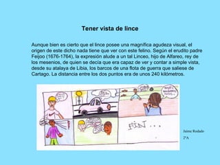 Tener vista de lince Aunque bien es cierto que el lince posee una magnífica agudeza visual, el origen de este dicho nada tiene que ver con este felino. Según el erudito padre Feijoo (1676-1764), la expresión alude a un tal Linceo, hijo de Alfareo, rey de los mesenios, de quien se decía que era capaz de ver y contar a simple vista, desde su atalaya de Libia, los barcos de una flota de guerra que saliese de Cartago. La distancia entre los dos puntos era de unos 240 kilómetros.  Jaime Rodado 2ºA 
