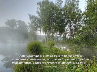 “ Amor, cuando el tiempo pase y tú me olvides, silencioso vivirás en mí; porque en la penumbra de mis pensamientos, todos los recuerdos me hablarán de ti."   Gustavo Adolfo   