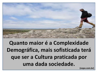 Quanto maior é a Complexidade
Demográfica, mais sofisticada terá
que ser a Cultura praticada por
uma dada sociedade.
(nepo.com.br)
 