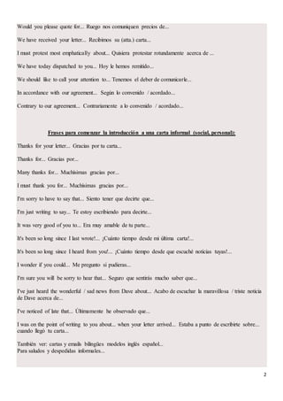 2
Would you please quote for... Ruego nos comuniquen precios de...
We have received your letter... Recibimos su (atta.) carta...
I must protest most emphatically about... Quisiera protestar rotundamente acerca de ...
We have today dispatched to you... Hoy le hemos remitido...
We should like to call your attention to... Tenemos el deber de comunicarle...
In accordance with our agreement... Según lo convenido / acordado...
Contrary to our agreement... Contrariamente a lo convenido / acordado...
Frases para comenzar la introducción a una carta informal (social, personal):
Thanks for your letter... Gracias por tu carta...
Thanks for... Gracias por...
Many thanks for... Muchísimas gracias por...
I must thank you for... Muchísimas gracias por...
I'm sorry to have to say that... Siento tener que decirte que...
I'm just writing to say... Te estoy escribiendo para decirte...
It was very good of you to... Era muy amable de tu parte...
It's been so long since I last wrote!... ¡Cuánto tiempo desde mi última carta!...
It's been so long since I heard from you!... ¡Cuánto tiempo desde que escuché noticias tuyas!...
I wonder if you could... Me pregunto si pudieras...
I'm sure you will be sorry to hear that... Seguro que sentirás mucho saber que...
I've just heard the wonderful / sad news from Dave about... Acabo de escuchar la maravillosa / triste noticia
de Dave acerca de...
I've noticed of late that... Últimamente he observado que...
I was on the point of writing to you about... when your letter arrived... Estaba a punto de escribirte sobre...
cuando llegó tu carta...
También ver: cartas y emails bilingües modelos inglés español...
Para saludos y despedidas informales...
 