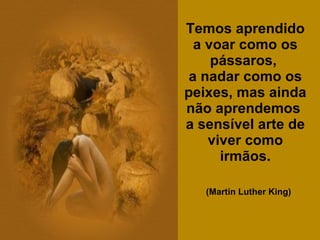 Temos aprendido a voar como os pássaros,  a nadar como os peixes, mas ainda não aprendemos  a sensível arte de viver como irmãos. (Martin Luther King)   