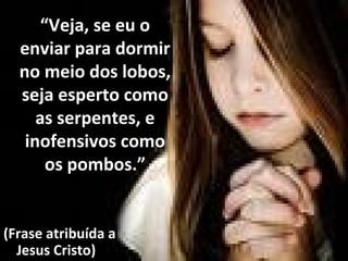 “Veja, se eu o
enviar para dormir
no meio dos lobos,
seja esperto como
as serpentes, e
inofensivos como
os pombos.”
(Frase atribuída a
Jesus Cristo)
 