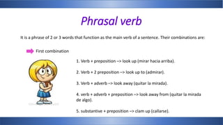 Phrasal verb
It is a phrase of 2 or 3 words that function as the main verb of a sentence. Their combinations are:
1. Verb + preposition –> look up (mirar hacia arriba).
2. Verb + 2 preposition –> look up to (admirar).
3. Verb + adverb –> look away (quitar la mirada).
4. verb + adverb + preposition –> look away from (quitar la mirada
de algo).
5. substantive + preposition –> clam up (callarse).
First combination
 