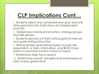 Assessment-Driven InstructionHow will we implement the assessments?How will the assessments guide our instruction? Focus lessons Small-group instruction (strategy/skill groups)Individual instruction6+1 Writing Traits InstructionThe assessments will be implemented in three different ways:Whole-group instructionSmall-group instructionIndividual instruction
