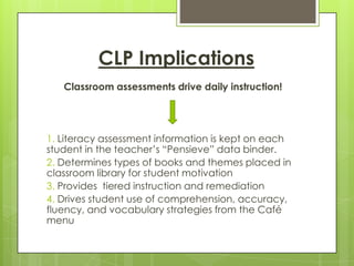 Class Literacy Profile AssessmentsProfessor Garfield Reading & Writing Interest InventoriesSight Word AssessmentTreasures Placement TestCafé Conferring NotesWriting ConferencesISTEP+ Weekly AssessmentsRunning Records/STAR TestIndiana Reading Diagnostic Assessment (IRDA)Quarterly BCSC Writing PromptsQuarterly Standard Checklists 