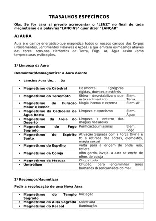 TRABALHOS ESPECÍFICOS
Obs. Se for para si próprio acrescentar o “LENZ” no final de cada
magnetismo e a palavras “LANCINS” quer dizer “LANÇAR”
A) AURA
Aura é o campo energético que magnetiza todos os nossos campos dos Corpos
(Pensamentos, Sentimentos, Palavras e Ações) e que emitem os mesmos através
das cores, sons,nos elementos de Terra, Fogo, Ar, Água assim como
temperaturas e vibrações.
1º Limpeza da Aura
Desmontar/desmagnetizar a Aura doente
 Lancins Aura de... 3x
 Magnetismo da Catedral Desmonta Egrégoras
rígidas, doentes e estéreis
 Magnetismo do Terremoto Shiva - desestabiliza o que
está sedimentado
Elem.
Terra
 Magnetismo do Furacão
Maior e Menor
Magia interna e externa Elem. Ar
 Magnetismo da Cachoeira de
Água Benta
Limpeza e exorcismo Elem.
Água
 Magnetismo da Areia do
Deserto
Limpeza e enterro das
magias nas areias
 Magnetismo do Fogo
Sagrado
Purificação, miasmas Elem.
Fogo
 Magnetismo do Espírito
Santo
Ativação Sagrada com a Força Divina e
tb a retirada das cobras, elementos,
magia sexual
 Magnetismo do Espelho volta para a origem de onde veio,
reflete
 Magnetismo da Coruja olho gordo, inveja, a aura se enche de
olhos de coruja
 Magnetismo da Medusa Chupa tudo
 Umtrólium Chupão, para encaminhar seres
humanos desencarnados do mal
2º Recompor/Magnetizar
Pedir a recolocação de uma Nova Aura
 Magnetismo do Templo
Sagrado
Iniciação
 Magnetismo da Aura Sagrada Cobertura
 Magnetismo do Rei Sol Iluminação
 