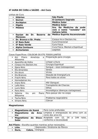 4º AURA DE CURA e SAÚDE – Ani Cura
Linhas de Cura
 Hilárion São Paulo
 Quíron O Centauro Sagrado
 Asclépius Médico Solar
 Higéia Médica Solar
 Médeia Sra. Da Medicina de onde
vem o nome “remédio” em
italiano latim
 Equipe do Dr. Bezerra de
Menezes
Médico Espírita Ascensionado
 Dr. Branco e Dr. Preto Corpus Ins e Doctors Ins
 6º Raio Rubi Cura Emocional
 5º Raio Verde Cura Física
 Alpha Centauro Cura Física, Mental e Espiritual
 Arcturianos Legistas
Casos Específicos: COLOCAR OS ETS TODOS JUNTOS
 Ani Flians Ametista e
Alfazema
Preparação para cirurgia
 Aparelho de Hidra Limpar a Aura
 Corpus Ins Doctors Ins Cirurgia Espiritual
 Djero Nins Sangue – osso (osteoporose)
 Ets Amarelos Stress
 Ets Azuis Vícios
 Ets Brancos Doação de Energia/Cura
 Frachi Nins Para todos os vícios
 Homedatron Ins
 Irians Nins HIV (Sangue)
 Laflo Nins Transplante de Chacras
 Lucis Nins Olhos
 Pons Nins Imunológica (doenças contagiosas)
 Selenia Ins ani flians
Alfazema
Para passar dor no corpo
 Tacha Nins Problema respiratório
 Virians Nins Câncer
Magnetismos
 Magnetismo do Xamã Para curas profundas
 Magnetismo do Arco
Íris
Limpeza e energização da alma com as
cores dos arco-íris
 Magnetismo do Disco
Solar
Acoplado com 12, 24 e 144 raios,
conforme a necessidade
Ani Flians - Escolha quantos mantras achar necessário.
 Lítio Depressão / Síndrome do Pânico
 Ouro, Cobre, Energiza
 