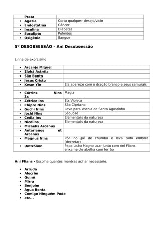 Prata
 Agazia Corta qualquer desejo/vício
 Endostatina Câncer
 Insulina Diabetes
 Eucalipto Pulmões
 Oxigênio Sangue
5º DESOBSESSÃO – Ani Desobsessão
Linha de exorcismo
 Arcanjo Miguel
 Elohá Astréia
 São Bento
 Jesus Cristo
 Kwan Yin Ela aparece com o dragão branco e seus samurais
 Córrins Nins
3x
Magia
 Zétrice Ins Ets Violeta
 Chipre Nins São Cipriano
 Guchi Nins Leve para escola de Santo Agostinho
 Jóchi Nins São José
 Ceóla Ins Elementais da natureza
 Nicolins Elementais da natureza
 Micaelis Arcanus
 Antarianos et
Arcanus
 Magnus Nins Põe no pé de chumbo e leva tudo embora
(decretar)
 Umtrólion Papa Leão Magno usar junto com Ani Flians
enxame de abelha com ferrão
Ani Flians - Escolha quantos mantras achar necessário.
 Arruda
 Alecrim
 Guiné
 Mirra
 Benjoim
 Água Benta
 Comigo Ninguém Pode
 etc...
 