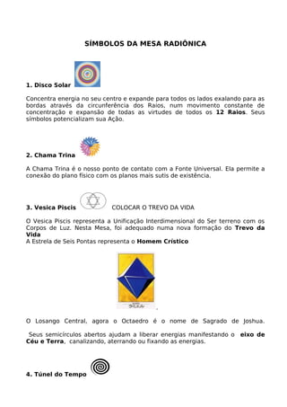 SÍMBOLOS DA MESA RADIÔNICA
1. Disco Solar
Concentra energia no seu centro e expande para todos os lados exalando para as
bordas através da circunferência dos Raios, num movimento constante de
concentração e expansão de todas as virtudes de todos os 12 Raios. Seus
símbolos potencializam sua Ação.
2. Chama Trina
A Chama Trina é o nosso ponto de contato com a Fonte Universal. Ela permite a
conexão do plano físico com os planos mais sutis de existência.
3. Vesica Piscis COLOCAR O TREVO DA VIDA
O Vesica Piscis representa a Unificação Interdimensional do Ser terreno com os
Corpos de Luz. Nesta Mesa, foi adequado numa nova formação do Trevo da
Vida
A Estrela de Seis Pontas representa o Homem Crístico
.
O Losango Central, agora o Octaedro é o nome de Sagrado de Joshua.
Seus semicírculos abertos ajudam a liberar energias manifestando o eixo de
Céu e Terra, canalizando, aterrando ou fixando as energias.
4. Túnel do Tempo
 