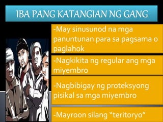 -May sinusunod na mga
panuntunan para sa pagsama o
paglahok
-Nagkikita ng regular ang mga
miyembro
-Nagbibigay ng proteksyong
pisikal sa mga miyembro
-Mayroon silang “teritoryo”
 