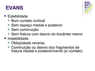 EVANS Estabilidade Bom contato cortical Sem espaço medial e posterior Sem cominuição Sem fratura com desvio do trocânter menor Instabilidade Obliqüidade reversa Cominuição ou desvio dos fragmentos de fratura medial e posteriormente (s/ contato) 