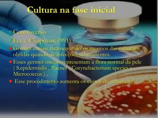 Cultura na fase inicial

 Controverso
 Lee   e Chapman(1991) :
 Germes   iniciais raramente são os mesmos das culturas
  obtidas quando de infecções subseqüentes.
 Esses germes iniciais representam a flora normal da pele
  ( S.epidermidis , P.acnes , Corynebacterium species e
  Micrococcus ) .
 Esse procedimento aumenta os custos do tratamento
 
