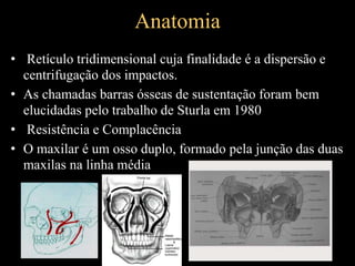 Anatomia
• Retículo tridimensional cuja finalidade é a dispersão e
centrifugação dos impactos.
• As chamadas barras ósseas de sustentação foram bem
elucidadas pelo trabalho de Sturla em 1980
• Resistência e Complacência
• O maxilar é um osso duplo, formado pela junção das duas
maxilas na linha média
 