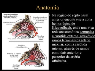 Anatomia
• Na região do septo nasal
anterior encontra-se a zona
hemorrágica de
Kiesserlbach, onde uma rica
rede anastomótica comunica
a carótida externa, através de
ramos terminais da artéria
maxilar, com a carótida
interna, através de ramos
etmoidais anterior e
posterior da artéria
oftálmica.
 