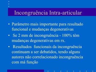 Incongruência Intra-articular
• Parâmetro mais importante para resultado
funcional e mudanças degenerativas
• Se 2 mm de incongruência - 100% têm
mudanças degenerativas em rx.
• Resultados funcionais da incongruência
continuam a ser debatidos, tendo alguns
autores não correlacionado incongruência
com má função
 