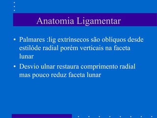 Anatomia Ligamentar
• Palmares :lig extrínsecos são oblíquos desde
estilóde radial porém verticais na faceta
lunar
• Desvio ulnar restaura comprimento radial
mas pouco reduz faceta lunar
 