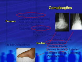 Complicações Precoces Tardias Lesões de Partes moles Síndrome Compartimental Lesões Neuvasculares Distrofia Simpática Cirúrgicas: Cicatrização Infecção Lesão de N. Sural/Tibial Consolidação Viciosa Impacto Fibular Tendinite Fibular Artrose Subtalar / Anterior Sequelas de Sind. Compart. Pseudoartrose Tto das Complicações 
