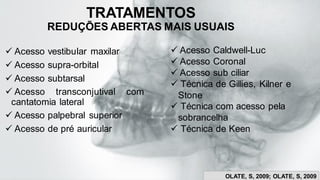 TRATAMENTOS
REDUÇÕES ABERTAS MAIS USUAIS
✓ Acesso vestibular maxilar
✓ Acesso supra-orbital
✓ Acesso subtarsal
✓ Acesso transconjutival com
cantatomia lateral
✓ Acesso palpebral superior
✓ Acesso de pré auricular
✓ Acesso Caldwell-Luc
✓ Acesso Coronal
✓ Acesso sub ciliar
✓ Técnica de Gillies, Kilner e
Stone
✓ Técnica com acesso pela
sobrancelha
✓ Técnica de Keen
OLATE, S, 2009; OLATE, S, 2009
 