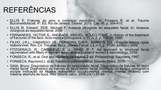 REFERÊNCIAS
• ELLIS E. Fraturas do arco e complexo zigomático. In: Fonseca R, et al. Trauma
Bucomaxilofacial. 4º. Ed. Rio de Janeiro: Elsivier, 2015. Cap 16, p. 354-415.
• ELLIS III, Edward; ZIDE, Michael F. Acessos cirúrgicos ao esqueleto facial. In: Acessos
cirúrgicos ao esqueleto facial. 2006
• FERNANDES, VICTOR S.; ANDRADE, MIGUEL; BOLÉO-TOMÉ, J. History of the treatment
of fractures of the face. Acta medica portuguesa, v. 11, n. 2, p. 119-26, 1998.
• FILHO, J.R.L.; CAMARGO, I.B.; FERREIRA, D.M.R.; BARROS, T.Q. - Fixação interna rígida
reabsorvível. Rev. Cir. Traumat. Buco - Maxilo-Facial, v.2, n.2, p. 31-40, jul/dez – 2002
• FITZGERALD, R.; CARQUEVILLE, J.; YANG, P. T. An approach to structural facial
rejuvenation with fillers in women. International journal of women's dermatology, 2018.
• FONSECA, R., et al. Oral and maxillofacial trauma. 2 ed. Philadelphia: Saunders, 1997.
• FONSECA, Raymond J. et al. Trauma bucomaxilofacial. Elsevier Brasil, 2015.
• GAIA, Bruno. Diagnóstico de fraturas do terço médio facial: Diagnóstico de fraturas do terço
médio facial: Diagnóstico de fraturas do terço médio facial: Indicação da técnica radiográfica
occipto Indicação da técnica radiográfica occipto-mental -mental -mental (Waters) com
máxima abertura de boca. Rev. odonto ciênc. 2008;23(1):87-89.
 