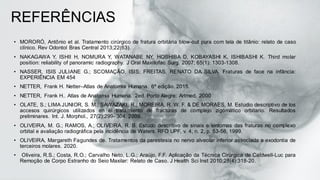 REFERÊNCIAS
• MORORÓ, Antônio et al. Tratamento cirúrgico de fratura orbitária blow-out pura com tela de titânio: relato de caso
clínico. Rev Odontol Bras Central 2013;22(63).
• NAKAGAWA Y, ISHII H, NOMURA Y, WATANABE NY, HOSHIBA D, KOBAYASHI K, ISHIBASHI K. Third molar
position: reliability of panoramic radiography. J Oral Maxillofac Surg. 2007; 65(1): 1303-1308.
• NASSER, ISIS JULIANE G.; SCOMAÇÃO, ISIS; FREITAS, RENATO DA SILVA. Fraturas de face na infância:
EXPERIÊNCIA EM 454
• NETTER, Frank H. Netter–Atlas de Anatomia Humana. 6ª edição. 2015.
• NETTER, Frank H.. Atlas de Anatomia Humana. 2ed. Porto Alegre: Artmed, 2000
• OLATE, S.; LIMA JUNIOR, S. M.; SAWAZAKI, R.; MOREIRA, R. W. F. & DE MORAES, M. Estudio descriptivo de los
accesos quirúrgicos utilizados en el tratamiento de fracturas de complejo zigomático orbitario. Resultados
preliminares. Int. J. Morphol., 27(2):299- 304, 2009.
• OLIVEIRA, M. G.; RAMOS, A.; OLIVEIRA, R. B. Estudo descritivo de sinais e sintomas das fraturas no complexo
orbital e avaliação radiográfica pela incidência de Waters. RFO UPF, v. 4, n. 2, p. 53-56, 1999.
• OLIVEIRA, Margareth Fagundes de. Tratamentos da parestesia no nervo alveolar inferior associada a exodontia de
terceiros molares. 2020.
• Oliveira, R.S.; Costa, R.O.; Carvalho Neto, L.G.; Araújo, F.F. Aplicação da Técnica Cirúrgica de Caldwell-Luc para
Remoção de Corpo Estranho do Seio Maxilar: Relato de Caso. J Health Sci Inst 2010;28(4):318-20.
 