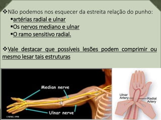 Não podemos nos esquecer da estreita relação do punho:
artérias radial e ulnar
Os nervos mediano e ulnar
O ramo sensitivo radial.
Vale destacar que possíveis lesões podem comprimir ou
mesmo lesar tais estruturas
 