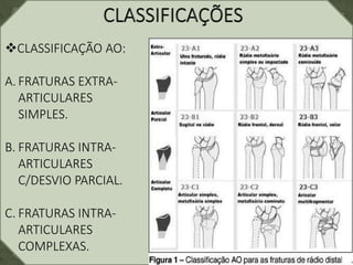 CLASSIFICAÇÃO AO:
A. FRATURAS EXTRA-
ARTICULARES
SIMPLES.
B. FRATURAS INTRA-
ARTICULARES
C/DESVIO PARCIAL.
C. FRATURAS INTRA-
ARTICULARES
COMPLEXAS.
 