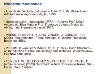- Apostila de Geologia Estrutural – Autor Prof. Dr. Michel Henri
Arthaud, meio impresso e digital, 1998.

- Notas de aulas – graduação (UFPA) – Autores Prof. Milton
Antonio da Silva Matta e Prof. Francisco de Assis Matos de
Abreu, meio impresso e digital, 2007.

- PRESS, F.; SIEVER, R.; GROTZINGER, J.; JORDAN, T. H.
(2006) Para entender a Terra. Menegat, R. (coord. Tradução).
Bookman, 656p.

- PLUIJIM, B. van der & MARSHAK, S. (1997) – Earth Structure –
an Introduction to Strutural Geology and Tectonics. WCB/McGraw-
Hill; New York, 495p.

- TEIXEIRA, W.; TOLEDO, M.C.M.; FAICHILD, T. R.; TAIOLI, F.
(organizadores) (2003) Decifrando a Terra. Oficina de Textos, São
Paulo, 557p, 1 edição.
 