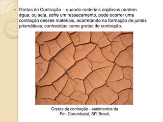    Gretas de Contração – quando materiais argilosos perdem
    água, ou seja, sofre um ressecamento, pode ocorrer uma
    contração desses materiais, acarretando na formação de juntas
    prismáticas, conhecidas como gretas de contração.




                   Gretas de contração - sedimentos da
                       Fm. Corumbataí, SP, Brasil.
 